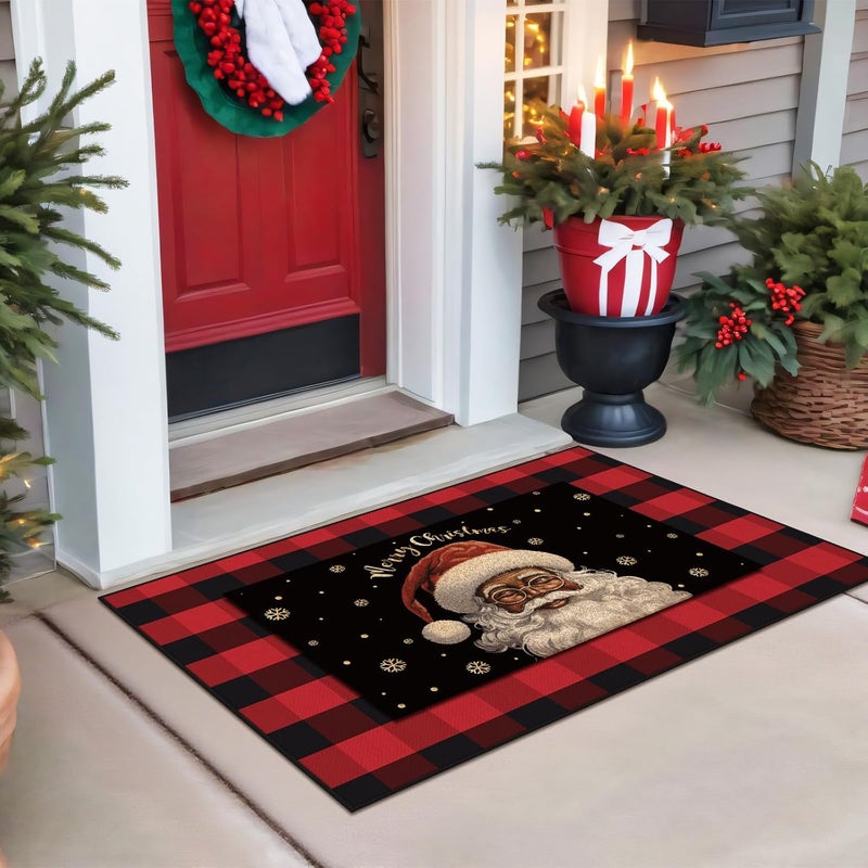 Fourluoo 2 Pcs Christmas Front Porch Rug Black Santa Christmas Door Mat Imitation Coco Coir Buffalo Plaid Xmas Welcome Layering Rug for Outdoor Winter Home Festival Holiday Decor, 28 x 43 Inch - Image 5